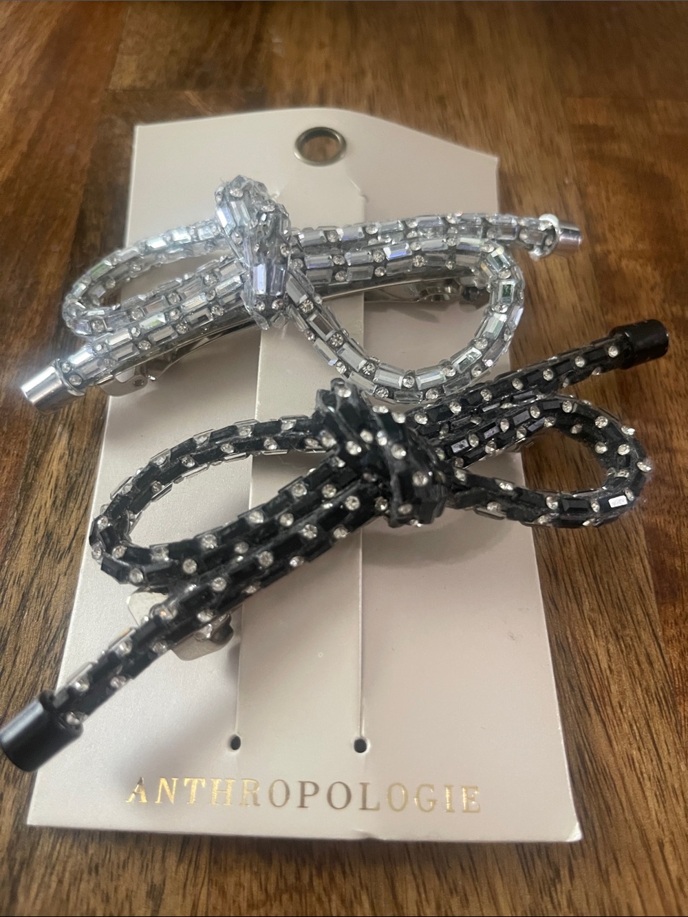 Anthropologie Silver and Black Rhinestone Bow Set Hair Clips